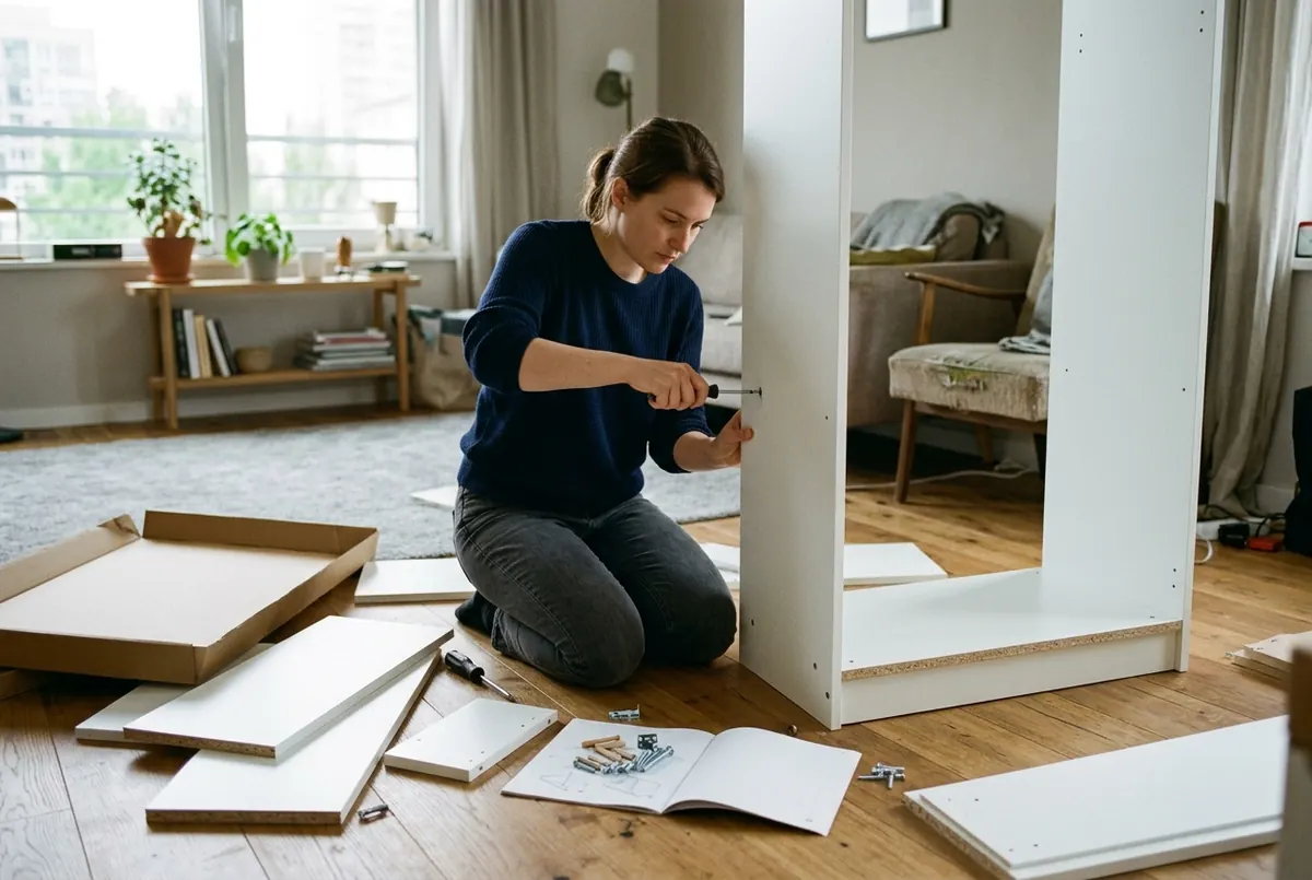 Flat-pack wardrobe assembly in a sunlit apartment