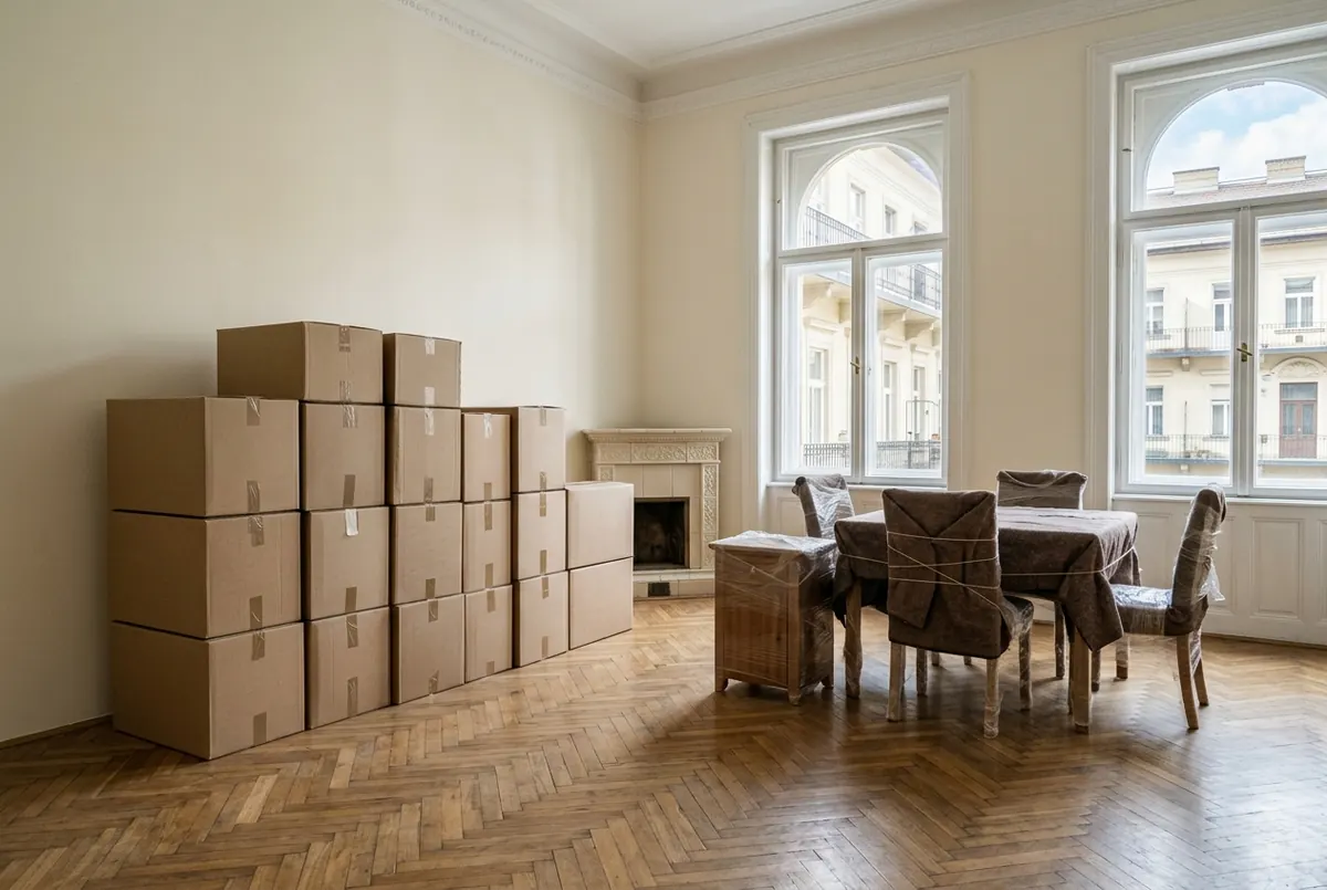 Labeled boxes ready for a move in a Budapest flat