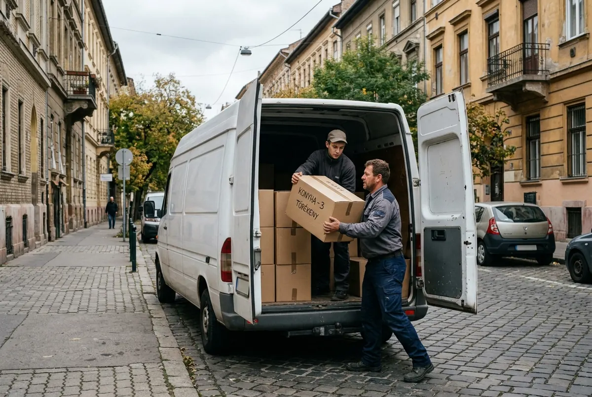Two movers loading boxes into the van