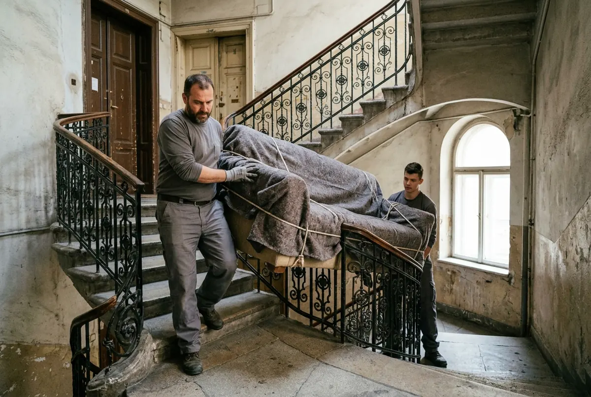 Carrying a blanket-wrapped sofa down a classic Budapest staircase