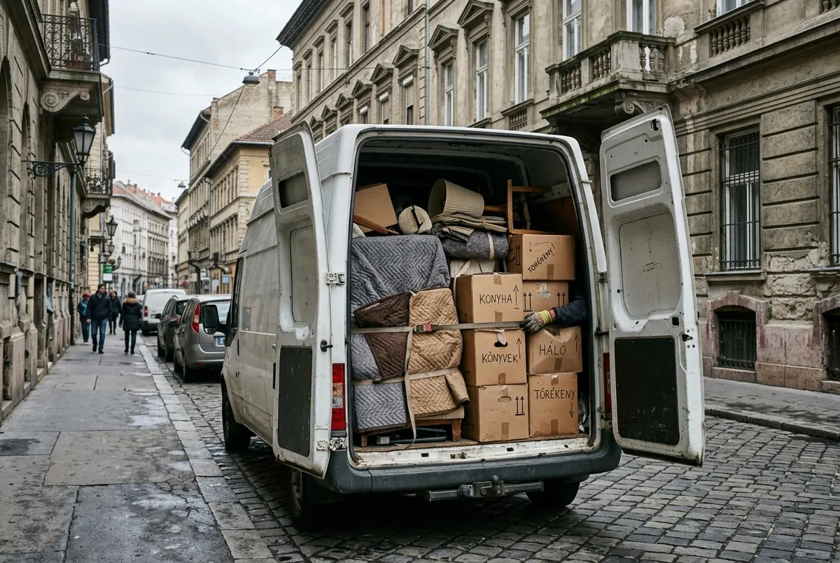 Loading wrapped furniture on a cobblestone street in central Budapest