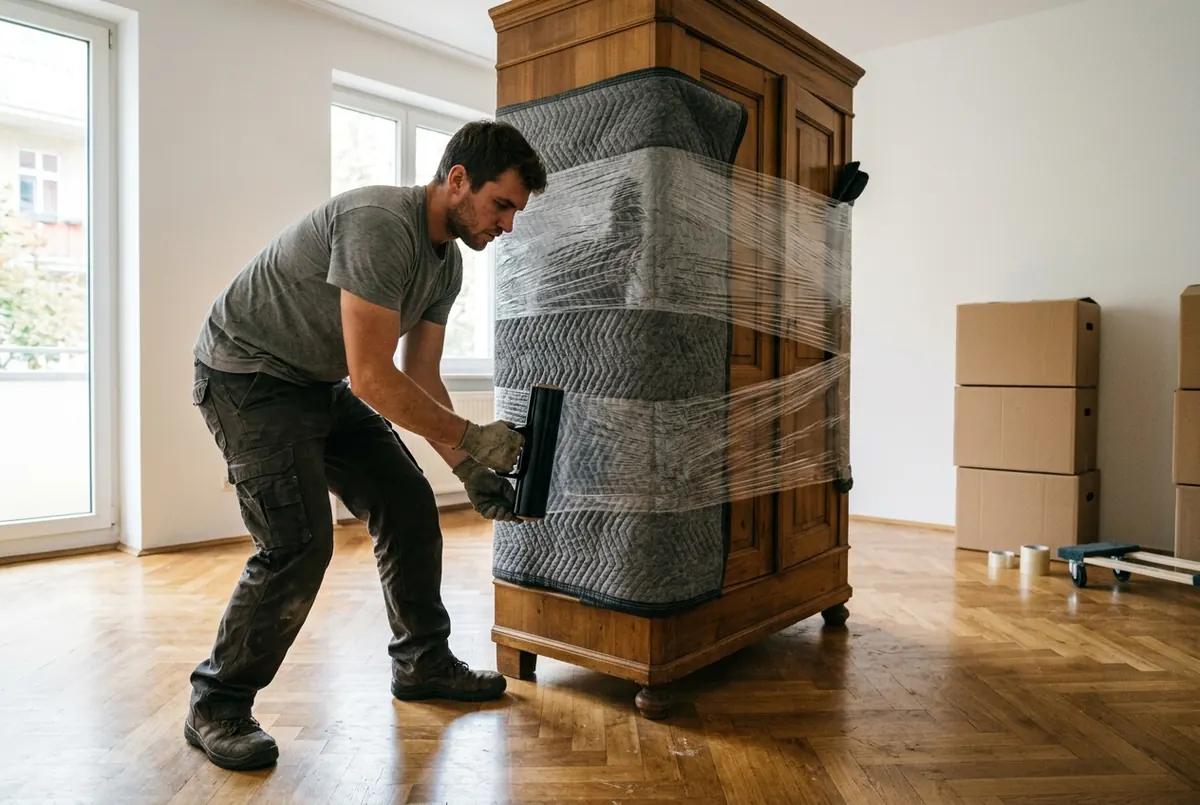 Wrapping a wardrobe in blankets and film before transport